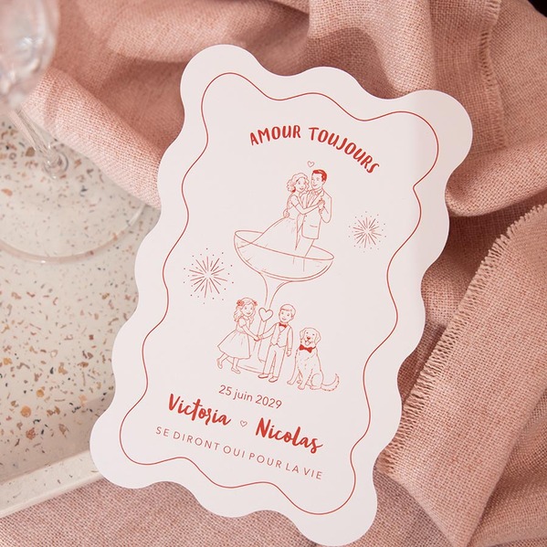 Faire part mariage bords ondulés et illustrations humoristiques TA0110-2600068-09-100