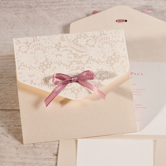 faire part mariage pochette tissu dentelle et ruban rose TA108-115-09 1